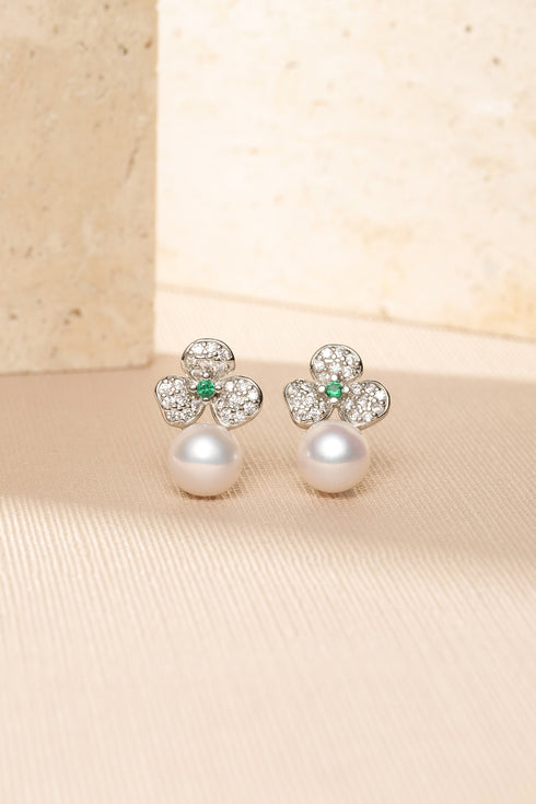 8-9mm White Akoya Pearl Zirconia Shamrock Earrings
